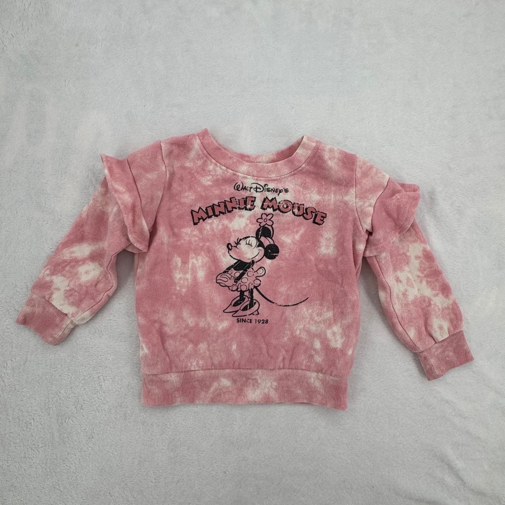 Disney Parks WDW Minnie Mouse Pink Tie Dye Ruffle Shoulder Sweatshirt Toddler 2